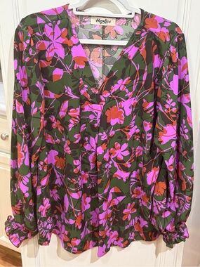 Haptics Olive Floral V-Neck Blouse with Pink & Red Print
